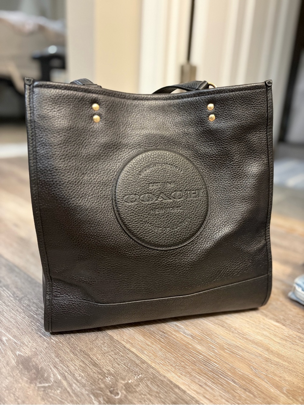Coach Black Pebbled Leather Logo Tote with Gold Accents